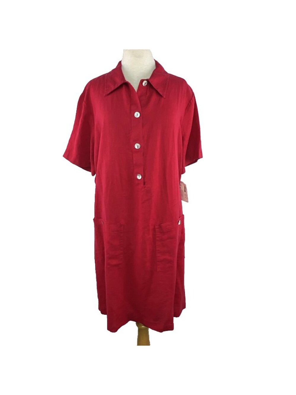 Vintage Match Sz 14 Red 100% Linen Made in the USA Shift Dress Button Front